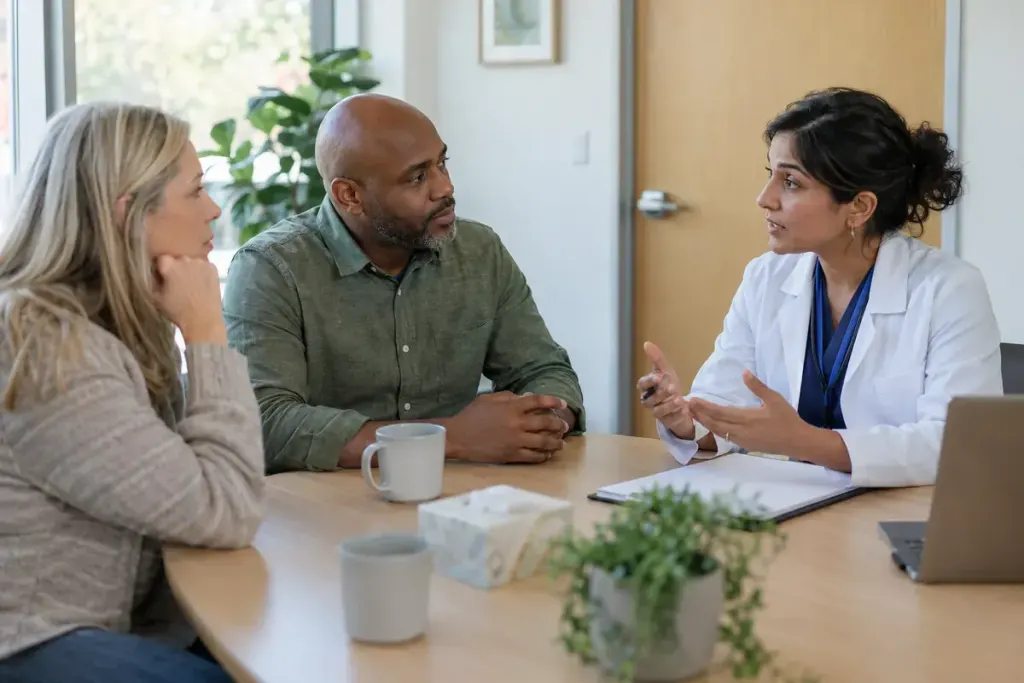 A fully clothed adult patient, clinician and chaperone having a calm conversation around a consultation-room table.