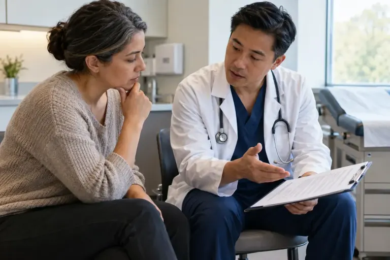A patient discussing a consent form with a clinician before signing anything.