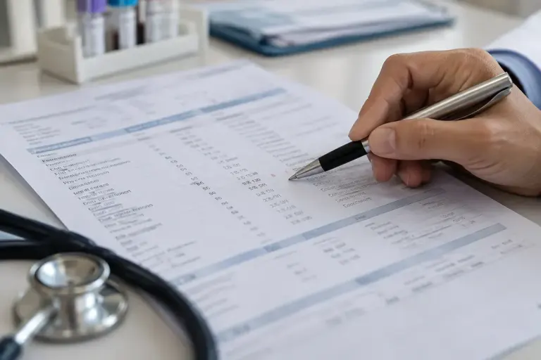 An anonymised laboratory report with blurred values beside a clinician's pen.