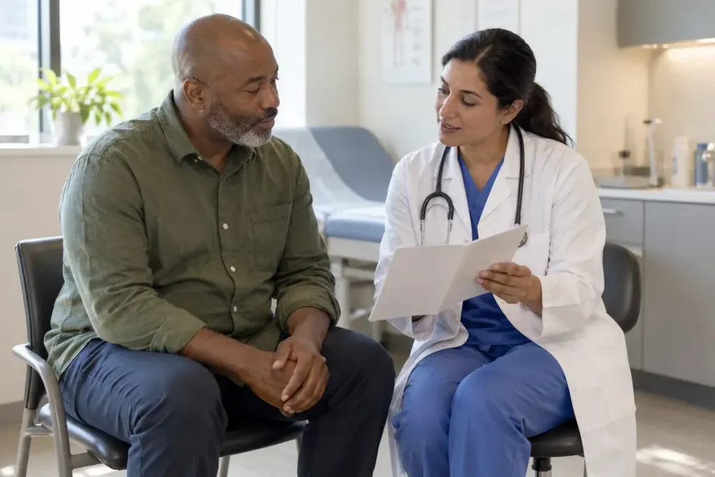A patient and clinician discussing a plain information leaflet in a bright clinic consultation room.