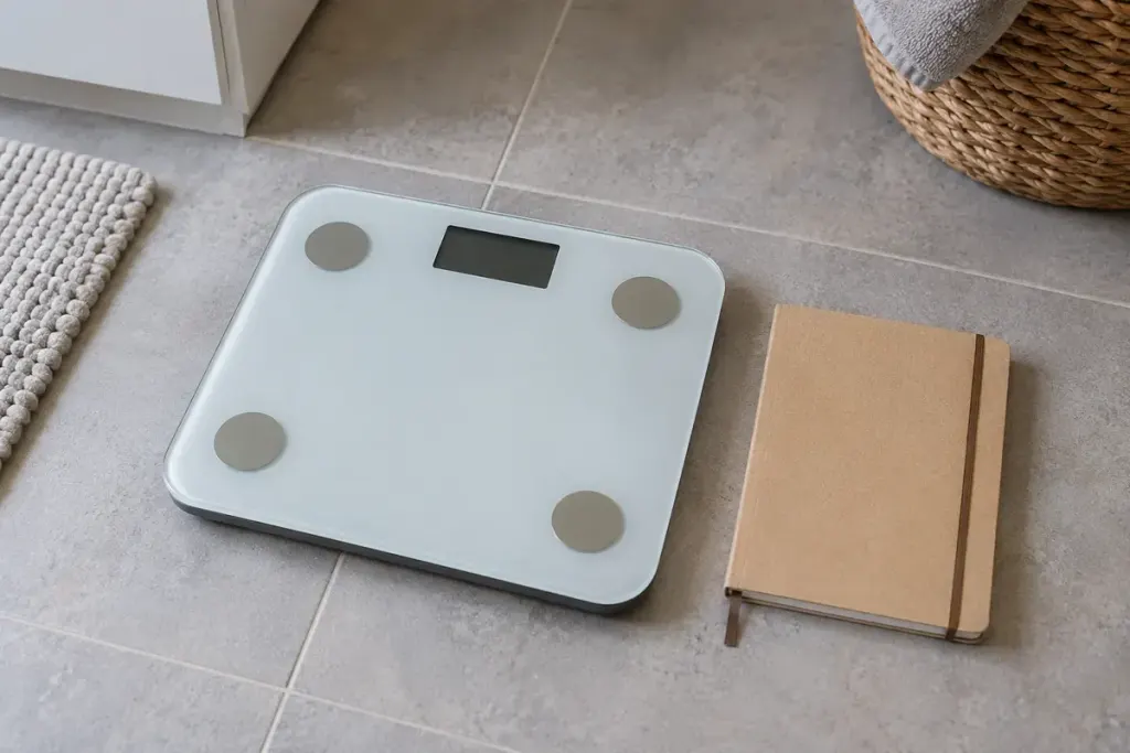 A digital bathroom scale beside a closed notebook on a level tile floor.