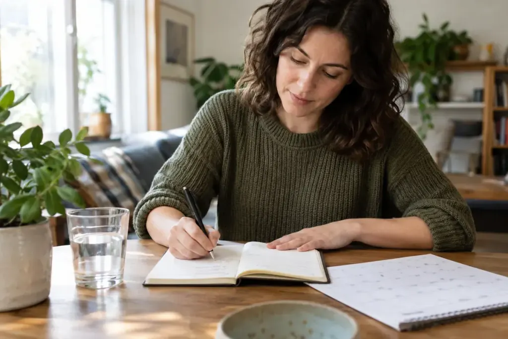 An adult writing a simple symptom diary at home with a calendar and a glass of water.
