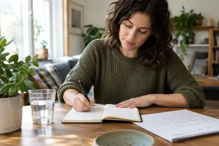An adult writing a simple symptom diary at home with a calendar and a glass of water.