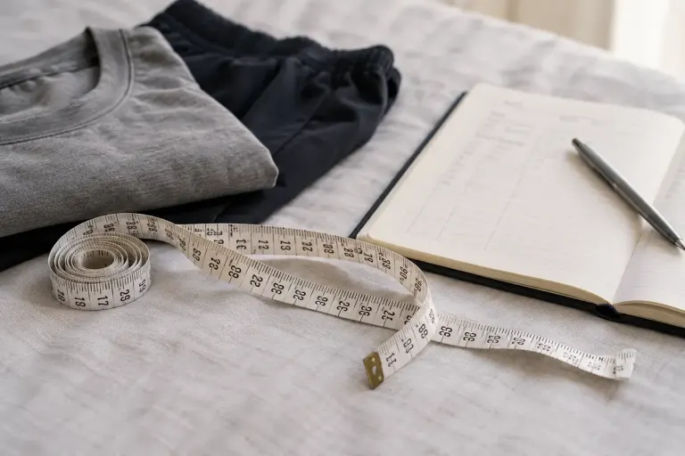 A flexible measuring tape lying beside a neutral health record and plain clothing.