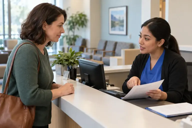 A patient and clinic receptionist discussing a medical records request at a calm desk.