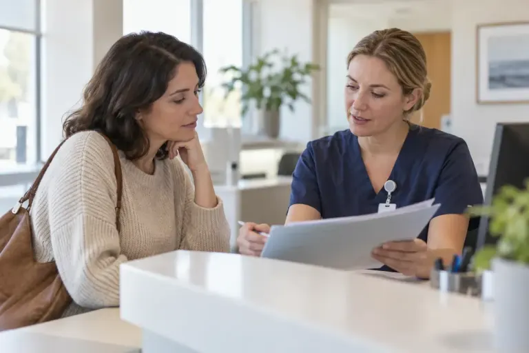 A patient and clinic staff member reviewing appointment paperwork.