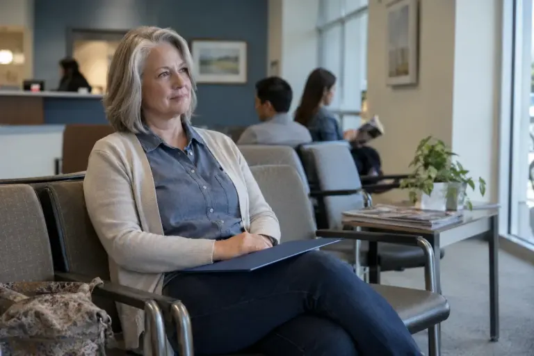 A patient sitting with a closed information folder in a calm clinic waiting area.