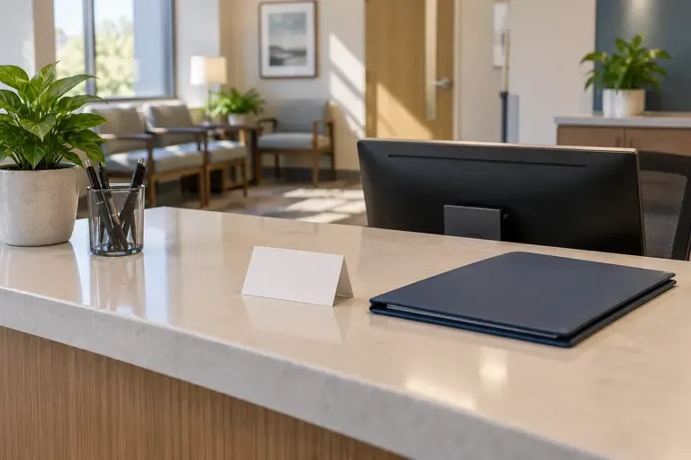 A reception counter with a document folder and blank display card.