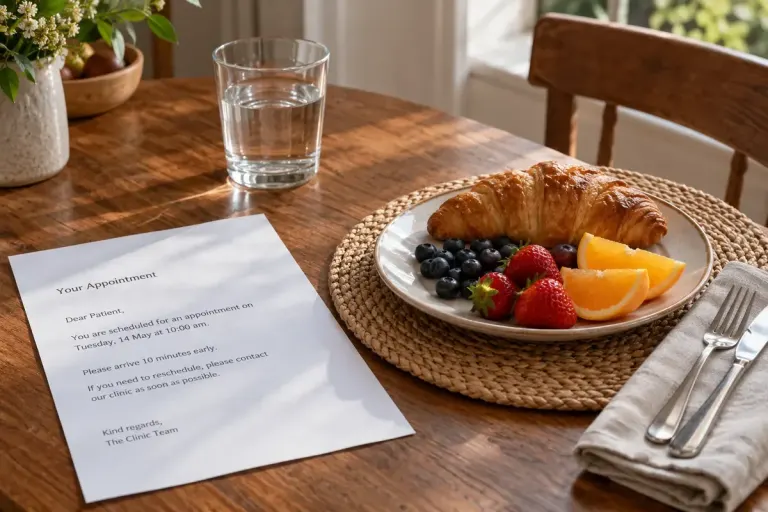 A clinic appointment letter beside an untouched breakfast place setting and a glass of water.