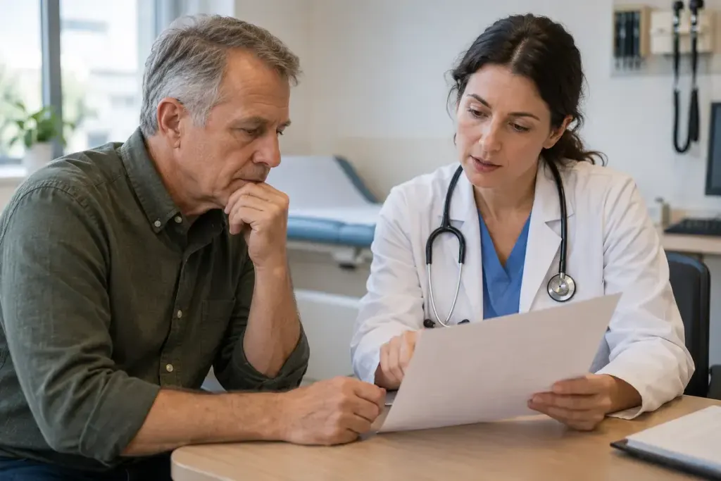 A patient and clinician looking at a plain laboratory report in a consultation room.