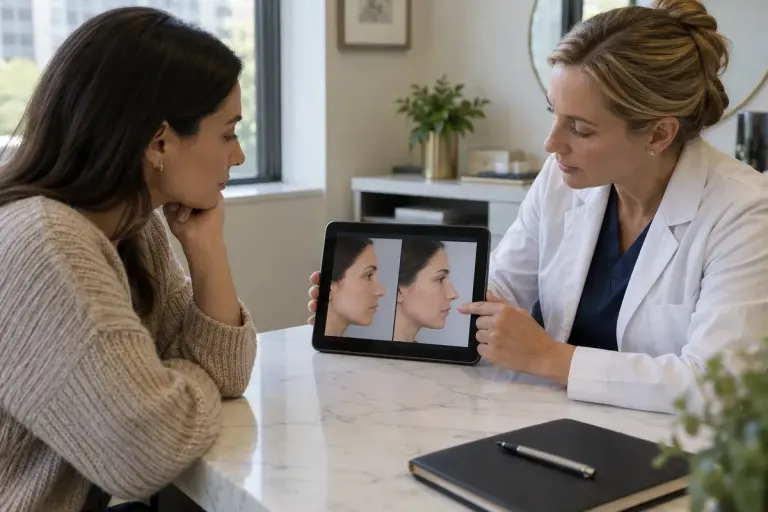 Adult discussing two neutral facial profile photographs with clinician on a tablet in consultation, no dramatic transformation.