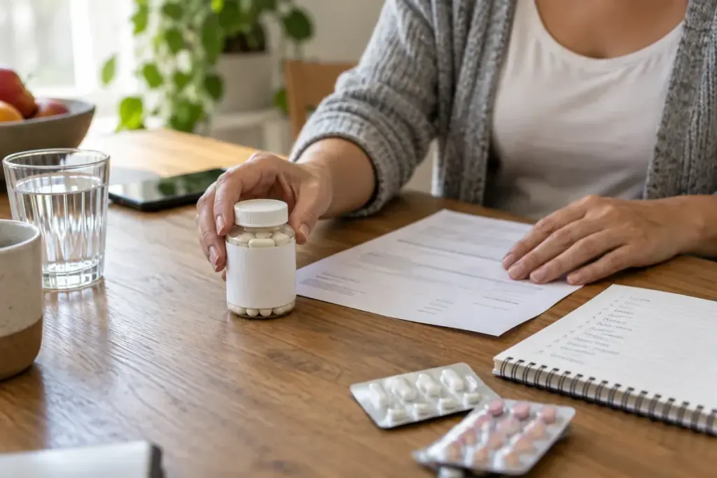 A patient placing a vitamin bottle beside a clinic appointment letter and a medicine list.