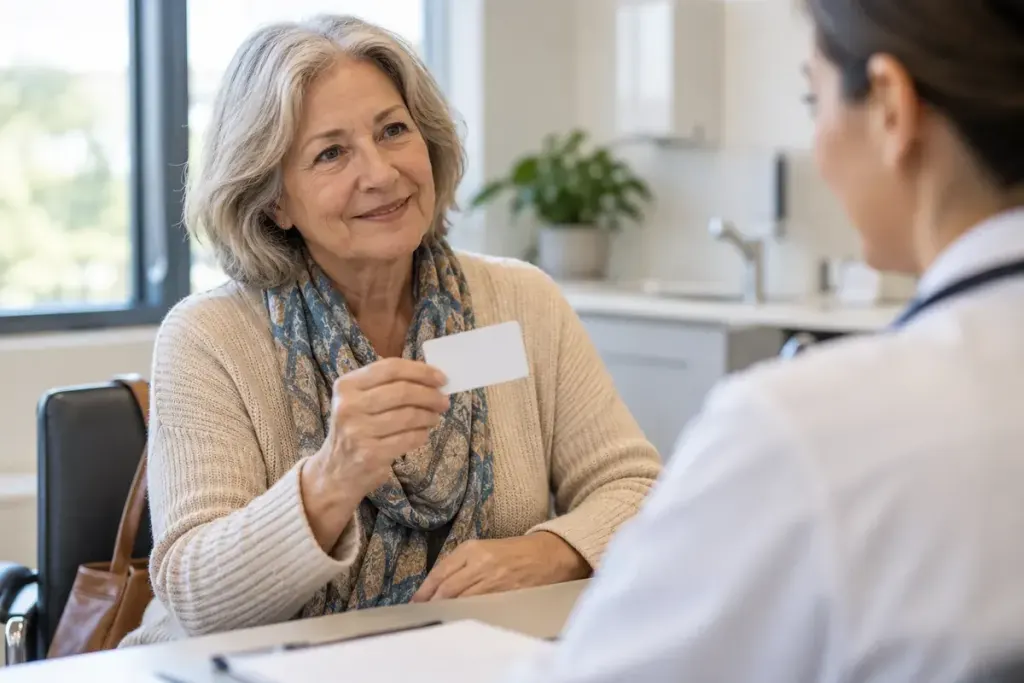 Patient holding an unbranded medical device identification card at a clinic desk.