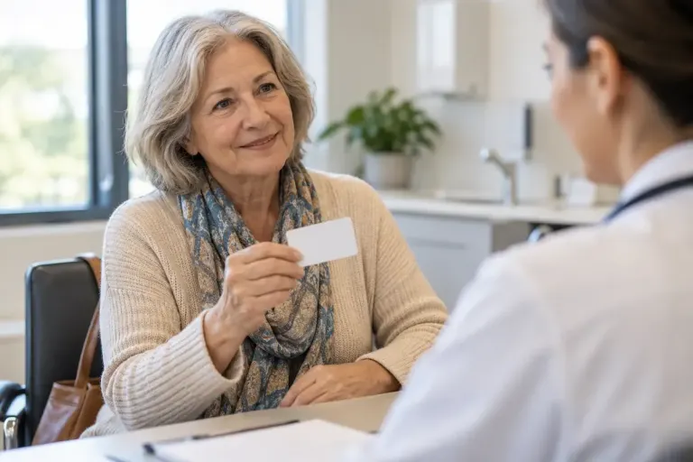 Patient holding an unbranded medical device identification card at a clinic desk.