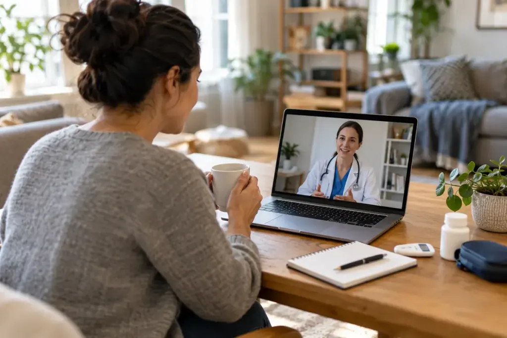 Person at home preparing laptop for clinician video call.