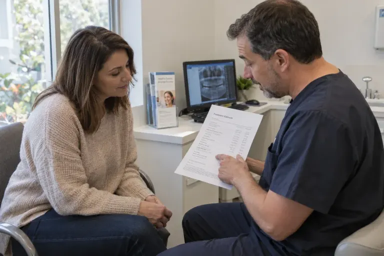 Patient reviewing an itemised printed quote with a clinician in a consultation room, no treatment performed, professional neutral setting.