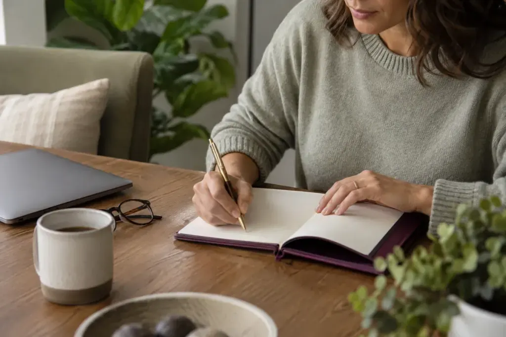 An adult writing consultation questions in a notebook beside reading glasses.