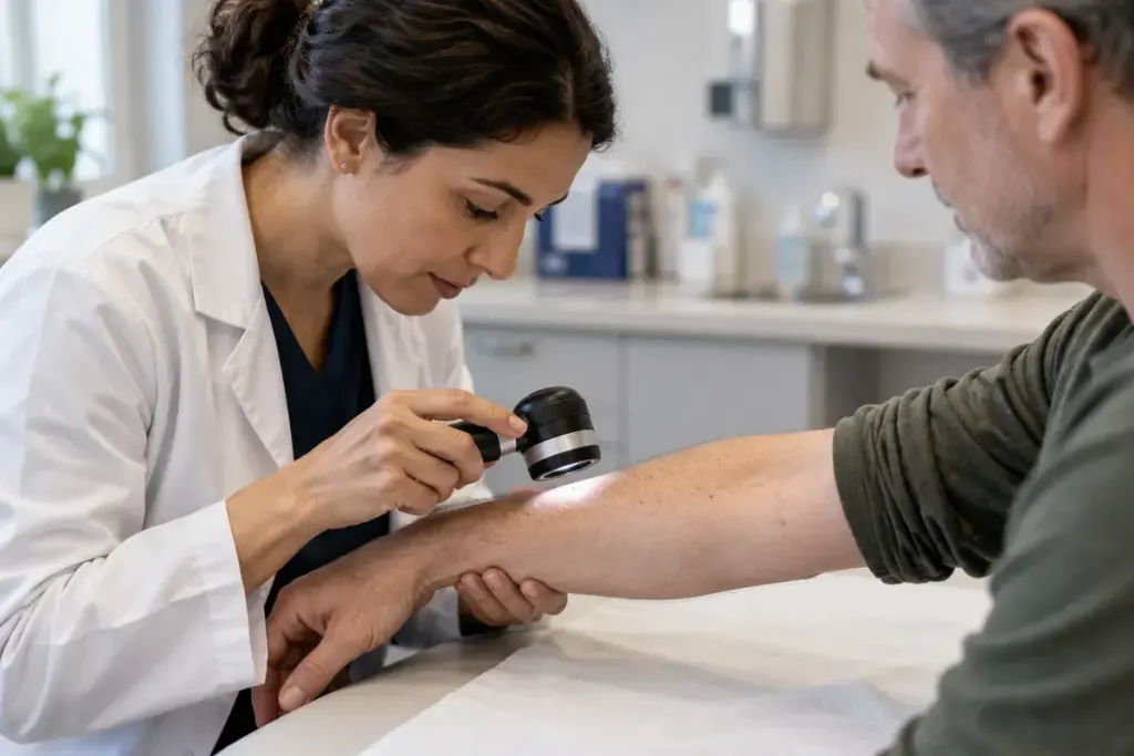 A clinician holding a handheld dermatoscope near an adult patient's forearm in a calm clinic.