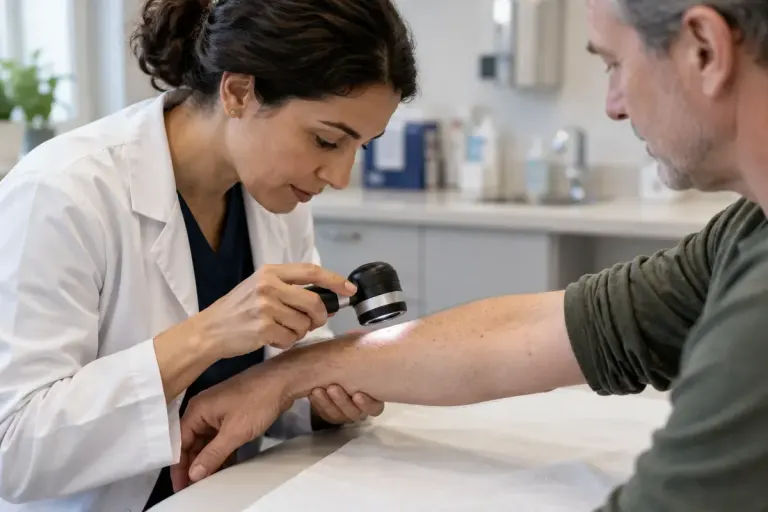 A clinician holding a handheld dermatoscope near an adult patient's forearm in a calm clinic.