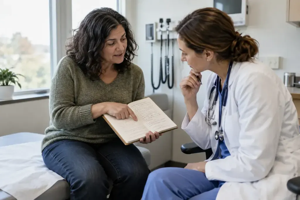 A patient showing a symptom notebook to a clinician at an appointment.