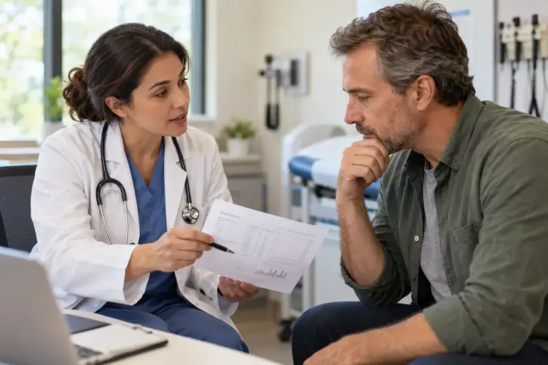 Clinician explaining a generic laboratory result to an adult patient, no readable private information.