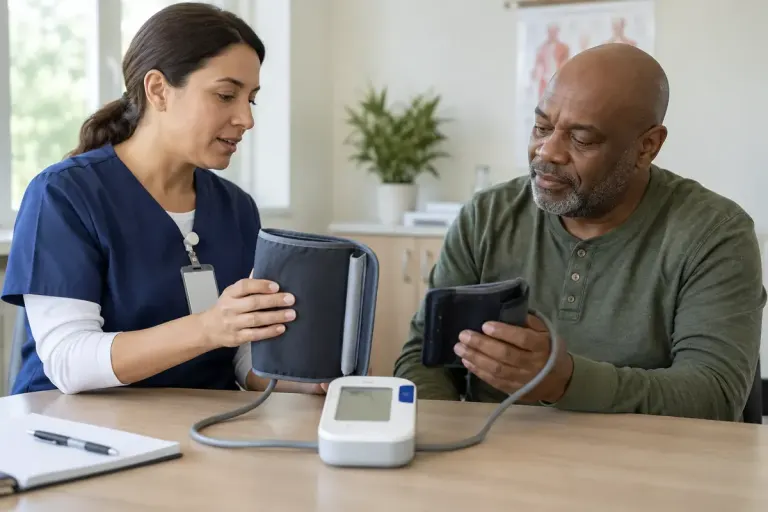 A nurse and adult patient comparing two upper-arm blood pressure cuffs beside a digital monitor on a clinic table, cuffs not being worn.