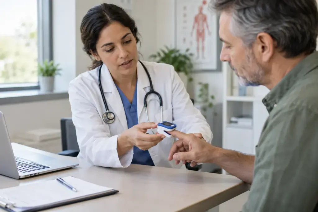 A clinician demonstrating a fingertip pulse oximeter to an adult sitting quietly at a consultation desk.