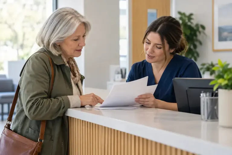 Patient reviewing appointment correspondence with clinic receptionist at a quiet reception desk.
