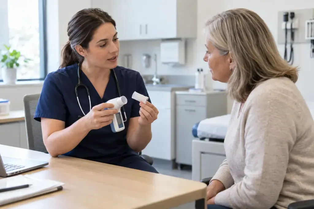 Healthcare professional explaining a handheld spirometer mouthpiece to a seated adult patient in a bright clinic.