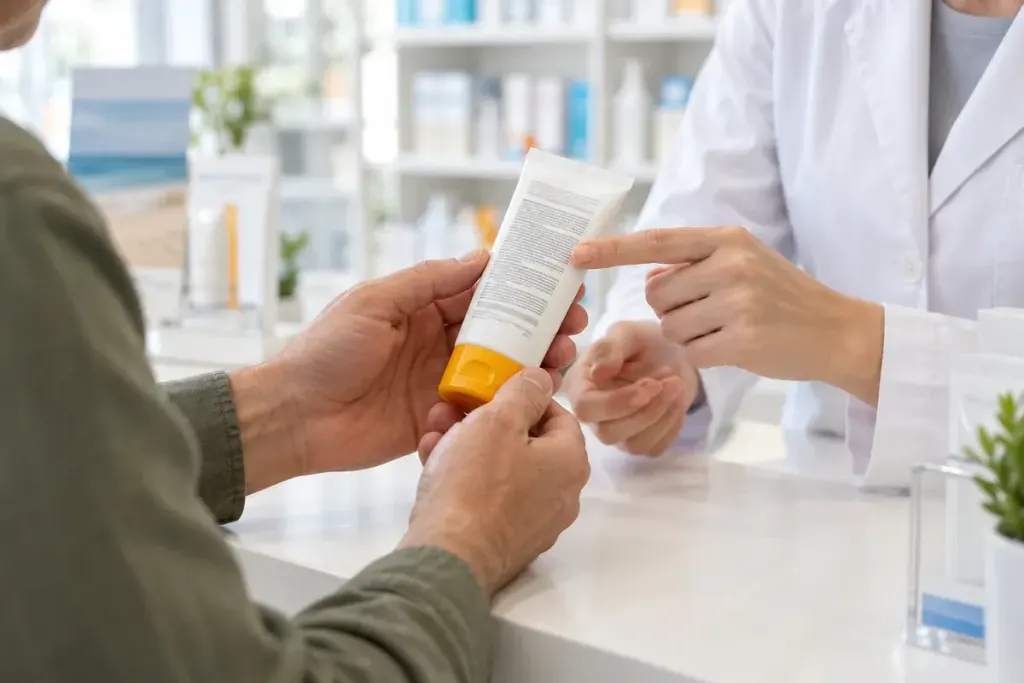 A pharmacist and an adult examine the label on an unbranded sunscreen tube.