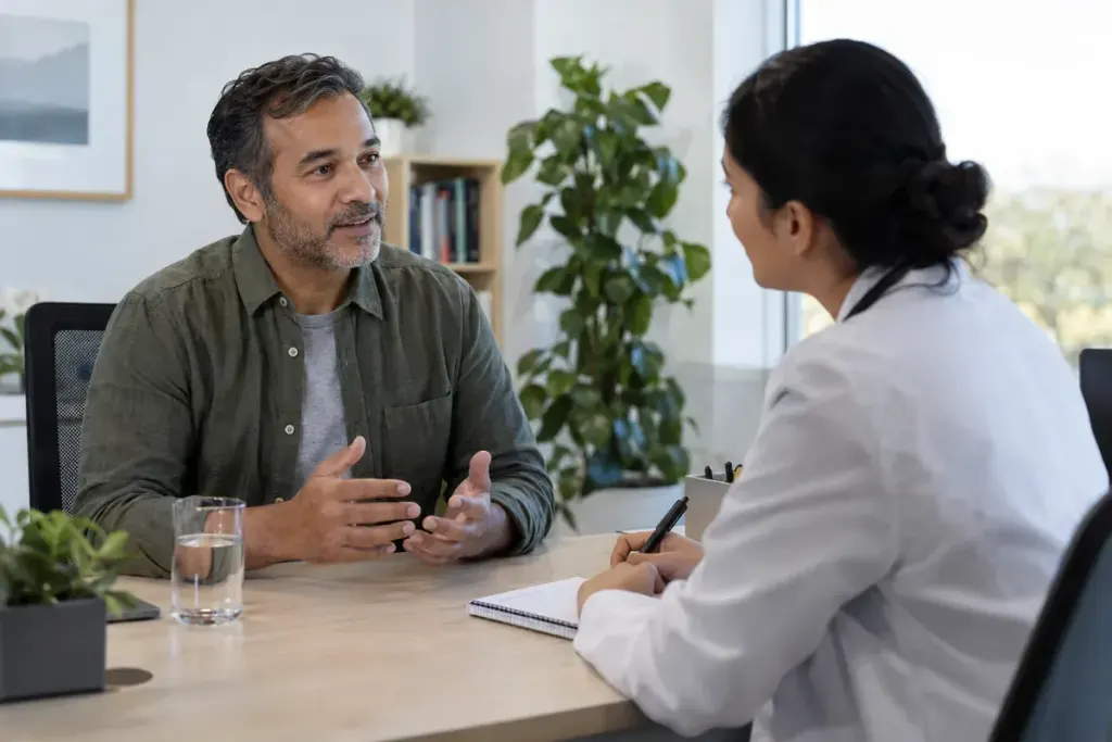 An adult discussing a notebook with a clinician in a calm consultation room.