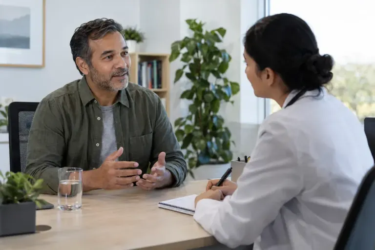An adult discussing a notebook with a clinician in a calm consultation room.