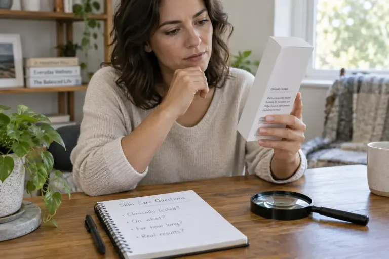 An adult reading a plain skin care carton beside a notebook and magnifying glass.