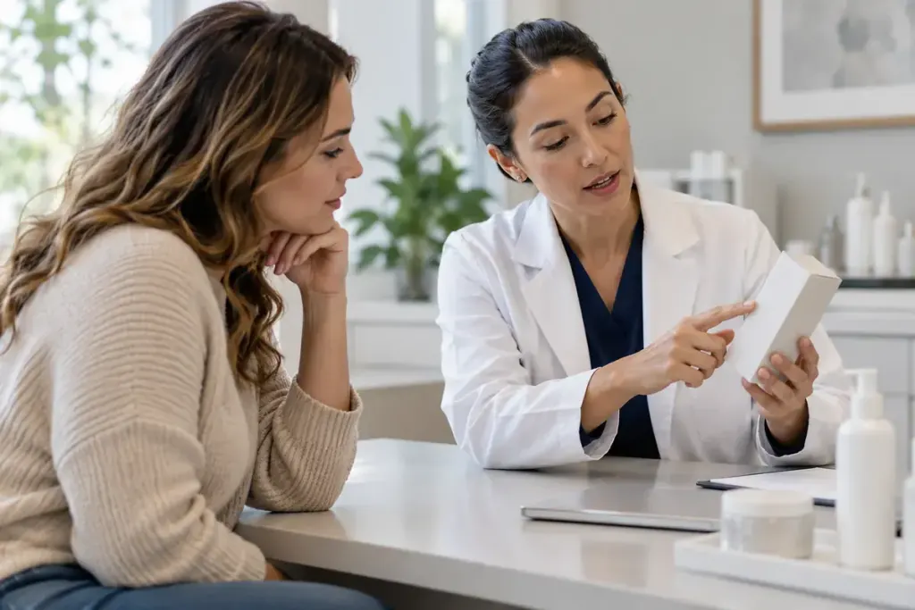 An adult discussing a skin-care package with a clinician across a consultation desk.
